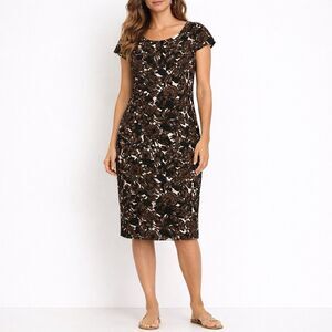 Talbots Classic Floral Pencil Sheath Dress Women Size 14 Brown Black Office Chic